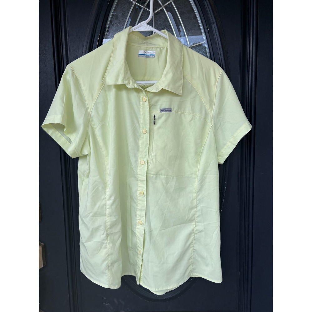 Columbia Womens XL Yellow/Green Short Sleeve Vented Hiking Button  Shirt Ripstop